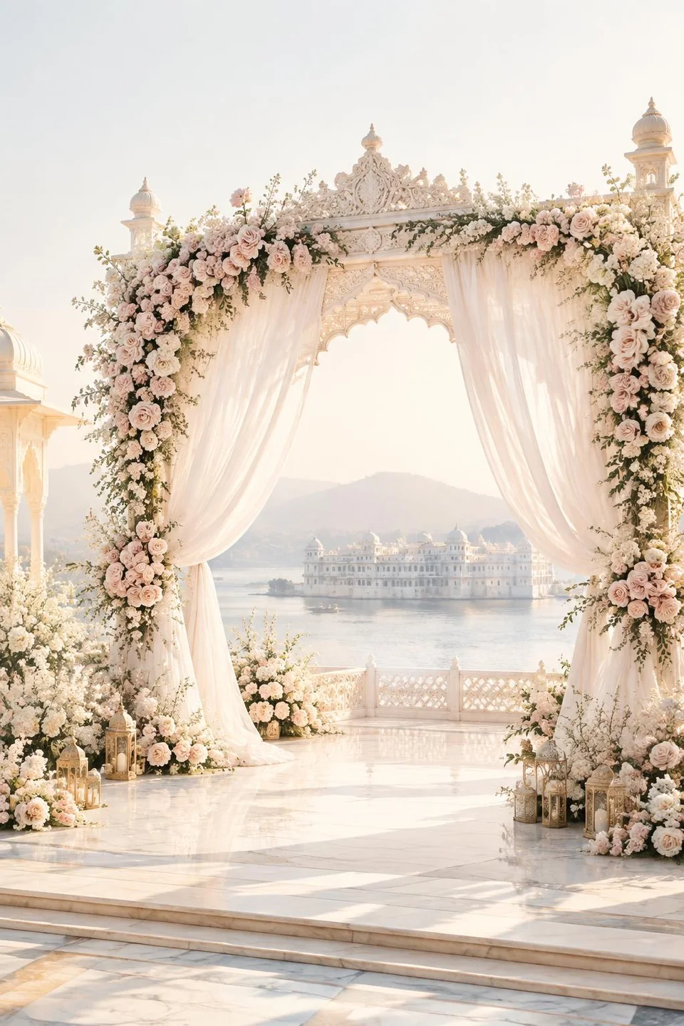 Blush rose wedding arch by the lake